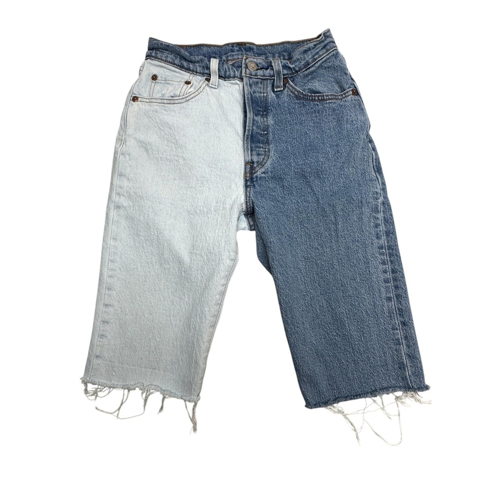 Levi's 501 Shorts Womens 24 Blue Colorblock Denim Cut‎ Off Raw Hem Button Fly
